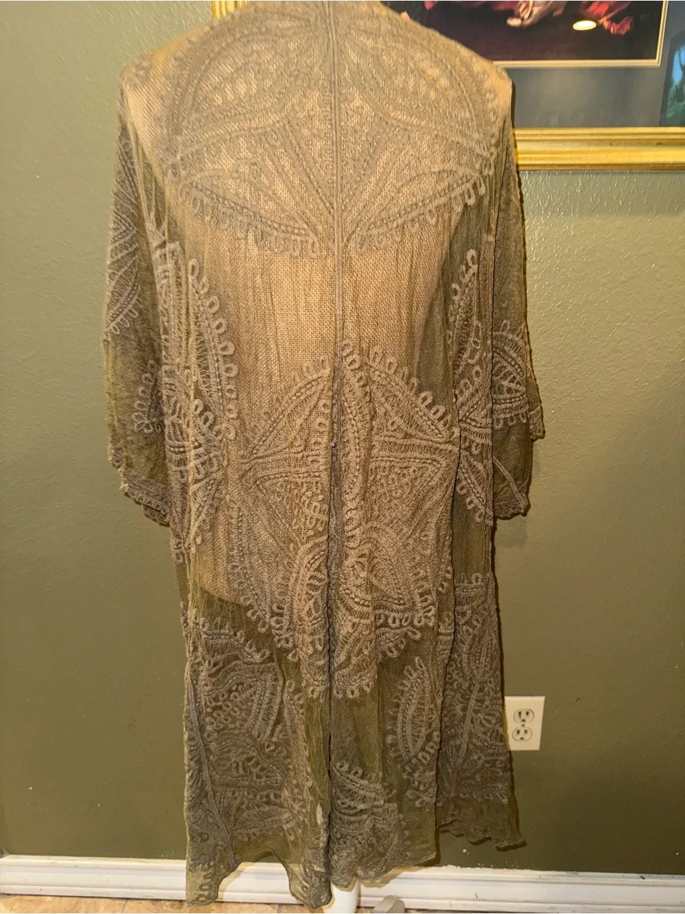 Embroidered Sheer Duster Kimono in Olive Brown